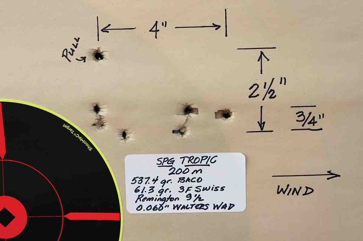 This ¾-inch tall group, minus the pull shot, was made while testing SPG Tropic lube.